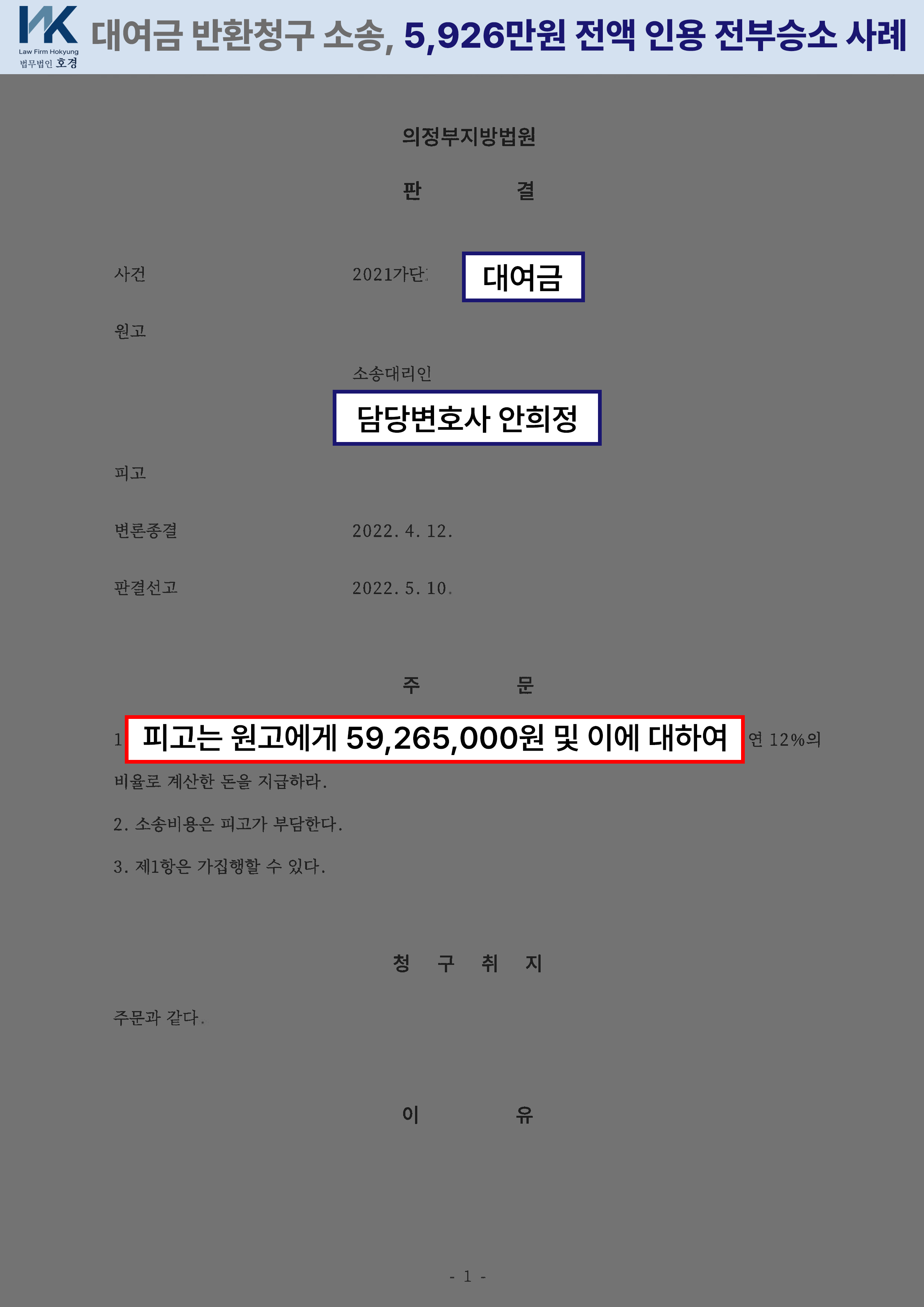 금전 대여 사실 인정되어 5,926만원 전액 인용 전부승소 사례